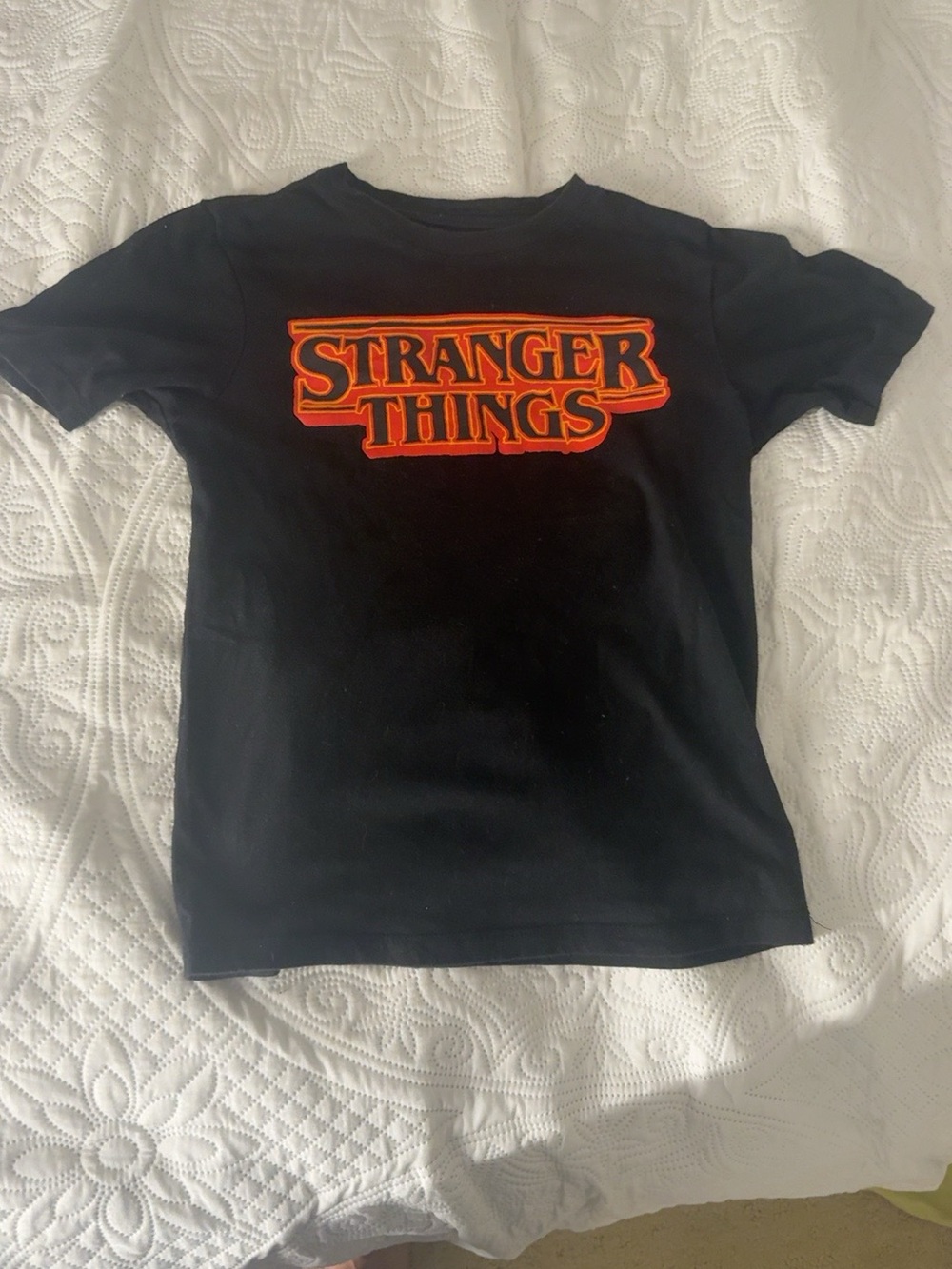 Kids Stranger Things Black Short Sleeve Tee with Orange Logo size 8 kids